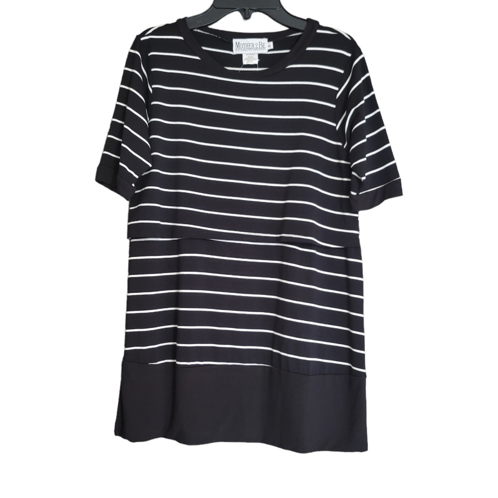 Mother 2 Be Maternity Nursing Wear Short Sleeve Black White Striped Top - Picture 10 of 10